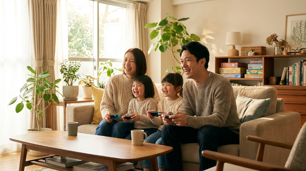 家族4人がリビングでSwitchを笑顔で遊んでいる様子